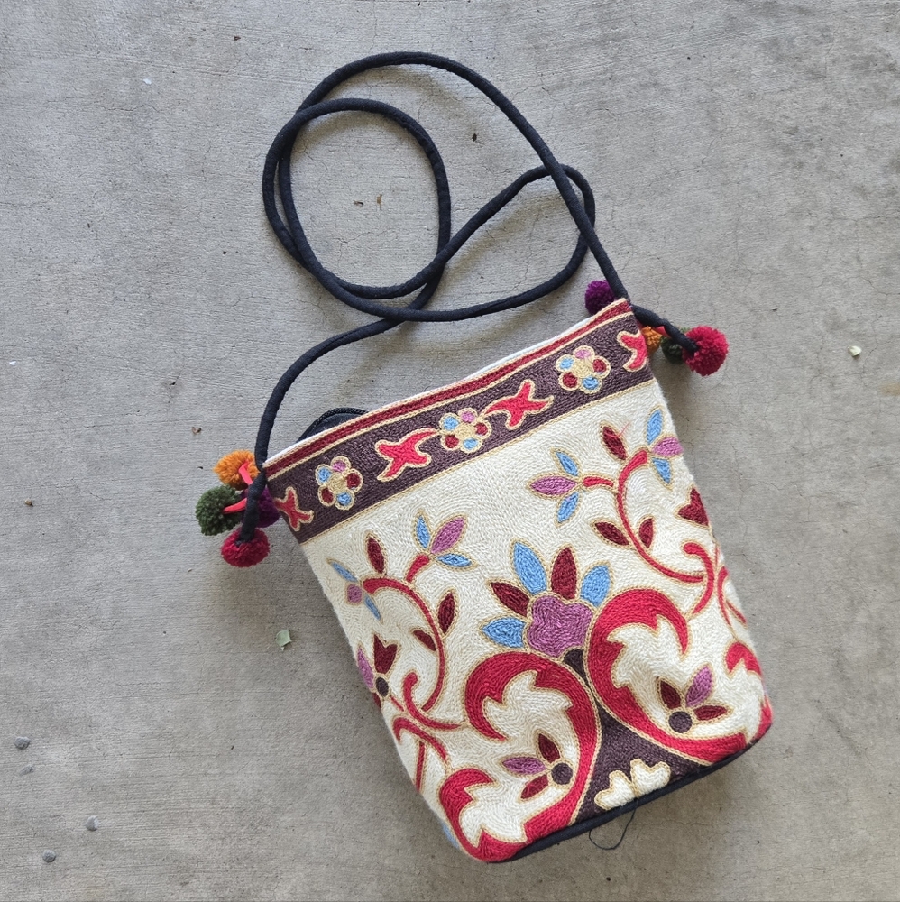 Boho Floral Embroidered Pom Pom Mini Crossbody Festival Gypsy Vibes